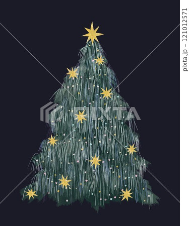 Beautiful Christmas tree illustration. Hand drawn Xmas tree with decorations clip art. Ready to use print for invitation cards, gifts. 121012571