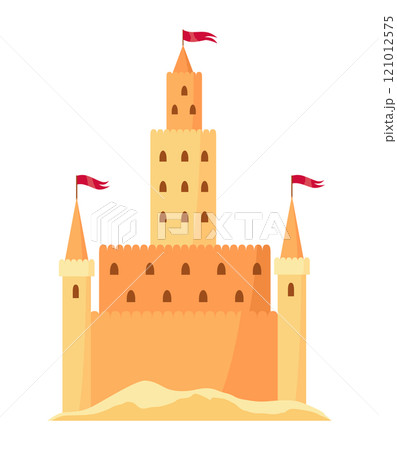 Sand castle. Kids fortress constructions. Sandy stronghold with wall and tower. Summer beach games to build sandy palaces or citadel. Vector cartoon illustration of beach sculptures Sand castle. Kids fortress constructions. Sandy stronghold with wall and tower. Summer beach games to build sandy palaces or citadel. Vector cartoon illustration of beach sculptures 121012575
