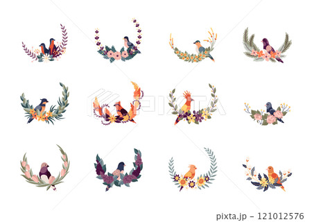 Round flower birds frames, vintage wreath with blossom. Folk art, ornamental frame with floral composition. Bright illustration, can be used as creating or invitation card 121012576