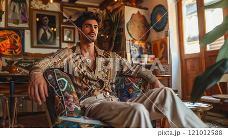 A man in a bohemian outfit sits in a cozy, art-filled cafe, embodying a free spirit and absorbing the ambiance. 121012588