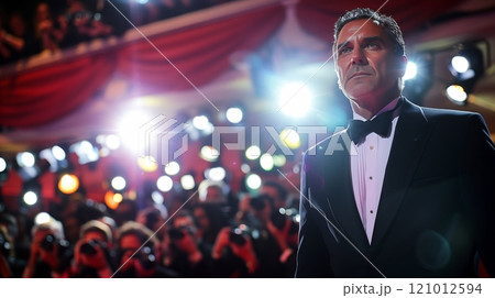A man in a classic tuxedo stands poised on the red carpet, embodying star-studded sophistication. 121012594
