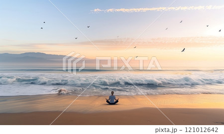 A person practices mindfulness on a serene dawn beach, waves caressing the shore, birds soaring above. 121012642