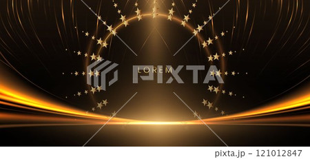 Scene glowing golden ray with strar lighting effect on black background. 121012847