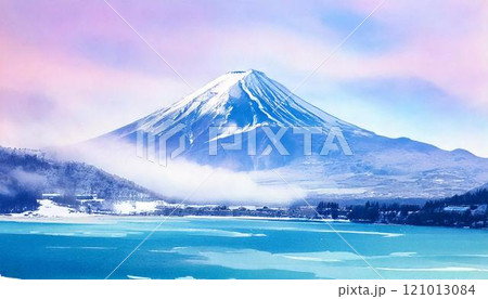 雪を被った冬の富士山と霧の立ち込める湖の風景 水彩風イラスト 121013084