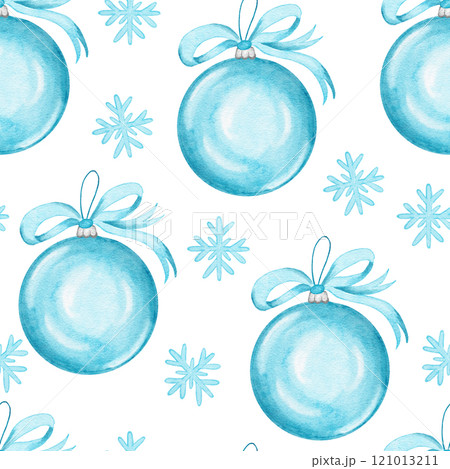 Hand drawn watercolor seamless pattern christmas blue turquoise bauble ornament with snow snowflakes. December happy holidays elegant tree hanging ornament, decor decoration style 121013211