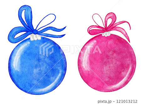 Hand drawn watercolor illustration christmas blue pink bauble ornament with cute ribbon bow. December happy holidays elegant tree hanging ornament, decor decoration style. 121013212