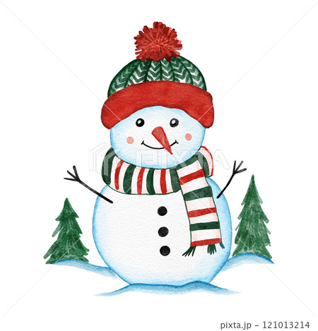 Hand drawn illustration with snowmen in cute scaff hat in winter snow on white background. Cute funny christmas new year decor print for textile wrapping paper, cartoon snow toys in funny design. 121013214