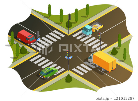 Isometric Illustration Depicting a Detailed and Busy Urban Intersection Surrounded by Vehicles Isometric Illustration Depicting a Detailed and Busy Urban Intersection Surrounded by Vehicles 121013287