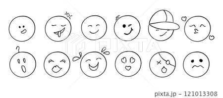 Set of Doodle Emoji Face Icons depicting various emotions including admiration, sadness, anger, and love. 121013308