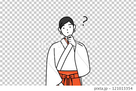 身著白袍、身穿猩紅色袴的巫女歪著頭，露出疑問的表情。 121013354