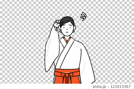 身穿白色長袍、猩紅色袴的巫女，陷入困境，搔頭。 121013367