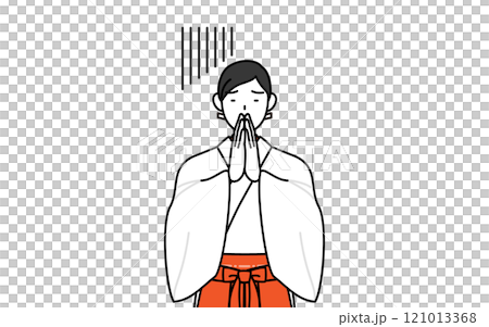 身著白袍、身穿猩紅色袴的巫女，雙手合十在身前道歉 121013368