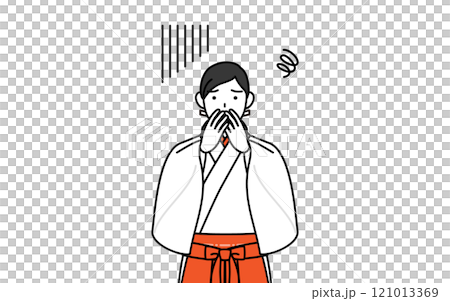 落ち込んで顔を覆う神社の巫女、白衣と緋袴 落ち込んで顔を覆う神社の巫女、白衣と緋袴 121013369