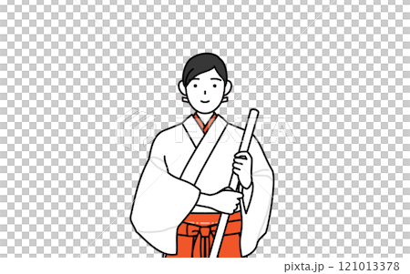 ほうきで掃除する神社の巫女、白衣と緋袴 ほうきで掃除する神社の巫女、白衣と緋袴 121013378