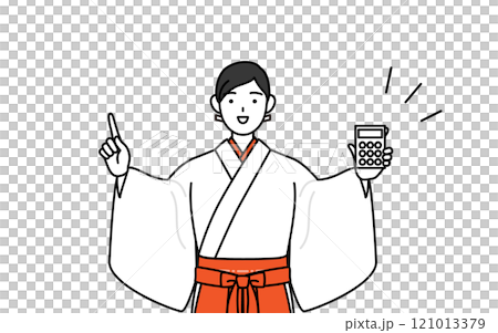 身著白衣、身穿猩紅色袴的巫女用計算機指著 121013379