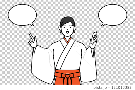 A shrine maiden in a white robe and scarlet hakama points while talking on the phone A shrine maiden in a white robe and scarlet hakama points while talking on the phone 121013382