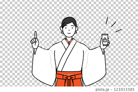 スマホのセキュリティ対策をする神社の巫女、白衣と緋袴 スマホのセキュリティ対策をする神社の巫女、白衣と緋袴 121013385