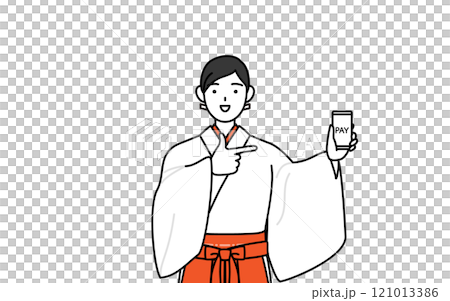 穿著白大褂和猩紅色袴的巫女建議使用智慧型手機進行無現金線上支付 穿著白大褂和猩紅色袴的巫女建議使用智慧型手機進行無現金線上支付 121013386