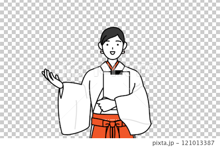 身穿白色長袍、身穿猩紅色袴，手持寫字板、攤開雙手的巫女。 121013387
