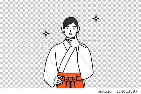 自信家のポーズを取る神社の巫女、白衣と緋袴 自信家のポーズを取る神社の巫女、白衣と緋袴 121013397