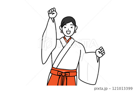軽やかに喜んでジャンプする神社の巫女、白衣と緋袴 軽やかに喜んでジャンプする神社の巫女、白衣と緋袴 121013399