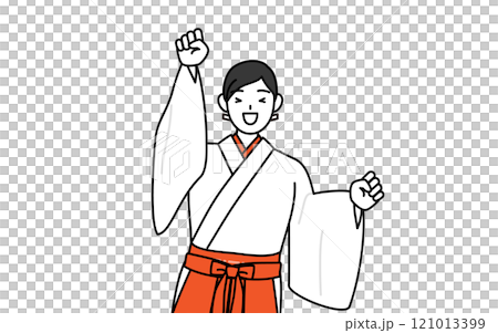 軽やかに喜んでジャンプする神社の巫女、白衣と緋袴 軽やかに喜んでジャンプする神社の巫女、白衣と緋袴 121013399
