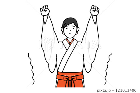 ストレッチで背伸びする神社の巫女、白衣と緋袴 121013400