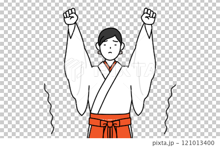 ストレッチで背伸びする神社の巫女、白衣と緋袴 121013400