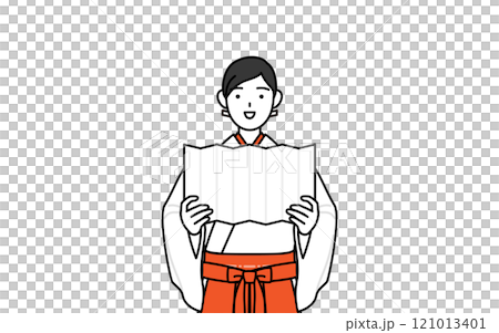 祝詞を奏上する神社の巫女、白衣と緋袴 121013401