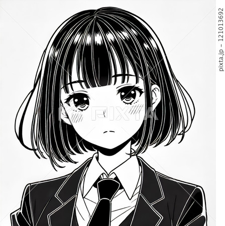 モノクロで描かれた制服姿の美少女イラスト 121013692