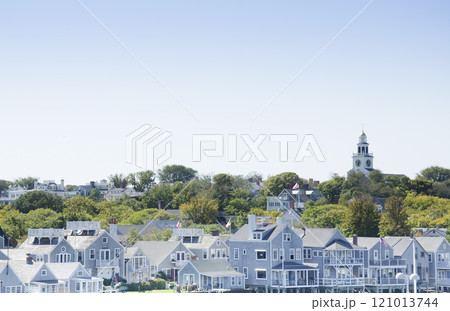 USA, Massachusetts, Blue houses and tree on Nantucket Island 121013744