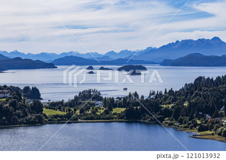 High angle view of mountain lakes and forests on summer day High angle view of mountain lakes and forests on summer day 121013932