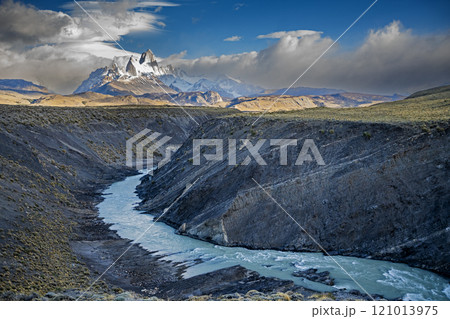 Argentina, Santa Cruz, El Chalten, Mount Fitz Roy massif and Las Vueltas River in morning light Argentina, Santa Cruz, El Chalten, Mount Fitz Roy massif and Las Vueltas River in morning light 121013975