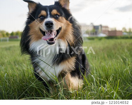 USA, Virginia, Blacksburg, Black Tri Australian Shepherd sitting in grassy field 121014032