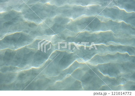 USA, United States Virgin Islands, St. John, Patterns in sand beneath light reflecting on water surface 121014772