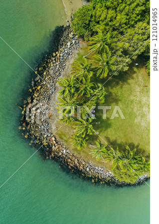 Drone view of tropical island and turquoise sea 121014965