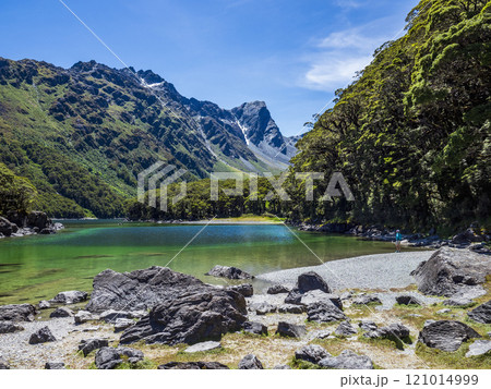 Woman standing on lakeshore in Fiordland National Park 121014999
