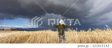 Rear view of woman standing in fall grasses under stormy sky 121015132