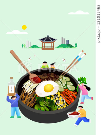 An image showing bibimbap and people holding bibimbap ingredients An image showing bibimbap and people holding bibimbap ingredients 121015468