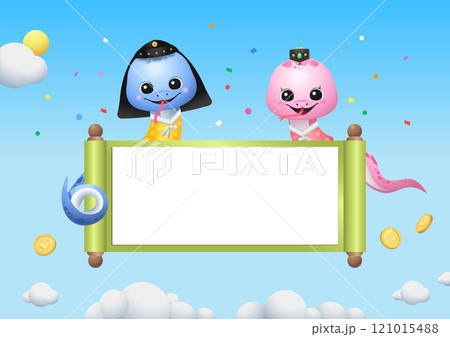 A cute snake character symbolizing the Lunar New Year wearing a hanbok and showing a scroll for 2025 A cute snake character symbolizing the Lunar New Year wearing a hanbok and showing a scroll for 2025 121015488