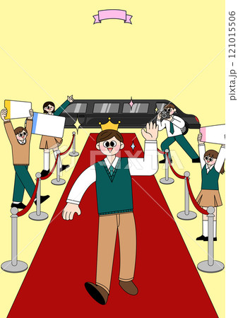 A student wearing a school uniform wearing a crown and walking on the red carpet 121015506