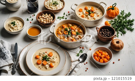 白いテーブルに並べられた具沢山のクリームシチュー 121015519