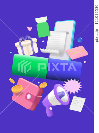A collection of membership icons related to shopping malls, such as smartphones, wallets, gift boxes, tickets, cards, etc. 121015536