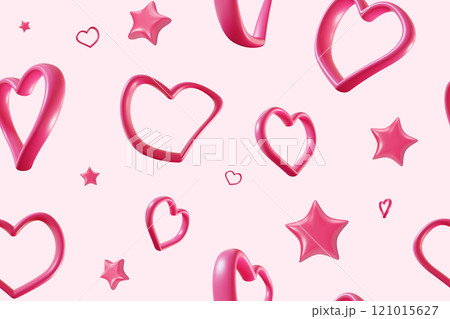 Seamless Valentines Day pattern with 3D pink stars and hearts in outline styles on soft pink background. Romantic design is ideal for gift wrapping, greeting cards, holiday decor. Love and affection. 121015627