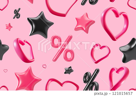 Playful, seamless Valentine's Day pattern with glossy 3D hearts, stars and percentage symbols in black and pink hues on soft pink background. Perfect for Valentine sale and discounts theme. 3D render. Playful, seamless Valentine's Day pattern with glossy 3D hearts, stars and percentage symbols in black and pink hues on soft pink background. Perfect for Valentine sale and discounts theme. 3D render. 121015657