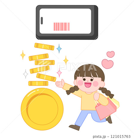 A character running excitedly with shopping bags and yen coins piling up A character running excitedly with shopping bags and yen coins piling up 121015763