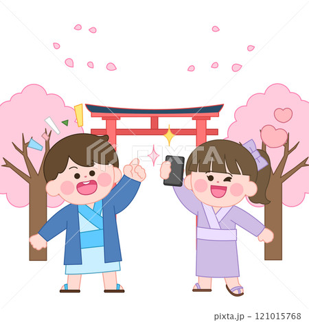 Characters wearing kimonos standing in front of a shrine with cherry blossoms flying 121015768