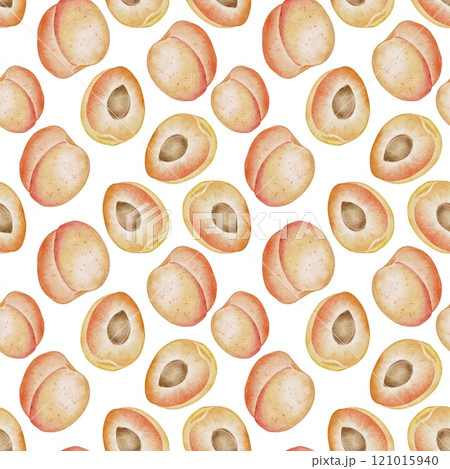 Cute ripe whole and slice apricot with pit seamless pattern on white. Watercolor illustration in kids style for textile, decoration dishes, labels for juice, jam, children parties, birthday.  121015940