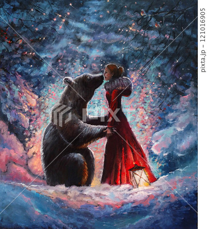 Oil paintein on canvas A girl in the red dress hugging and kissing a real brown big bear in the picturesque winter forest . Original impressionism oil picture on canvas of snowy ordinary miracle. 121016905