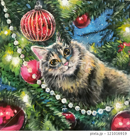 hand drawn oil picture - Cat on Christmas tree. Fluffy cat on a fir among red glass balls. Naughty cute kitten. New Year greeting card. Oil painting with funny pet. 121016919